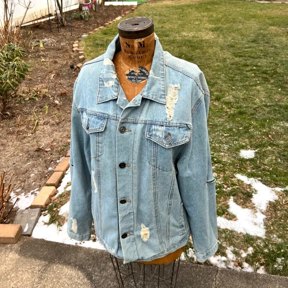 Carbon 2 Cobalt Distressed Denim Jean Jacket Men XXL‎ Trucker Blue Grunge Rugged